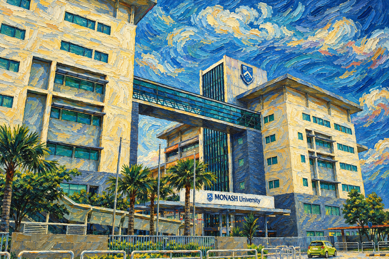 Van Gogh impasto oil painting of Monash University Malaysia campus building with its skybridge and entrance under a swirling starry blue sky