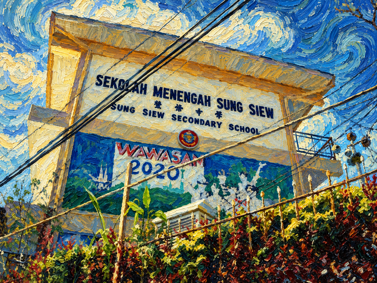 Van Gogh impasto oil painting of SMK Sung Siew Sandakan landmark facade and Wawasan 2020 mural framed by lush hillside foliage under a vibrant swirling sky