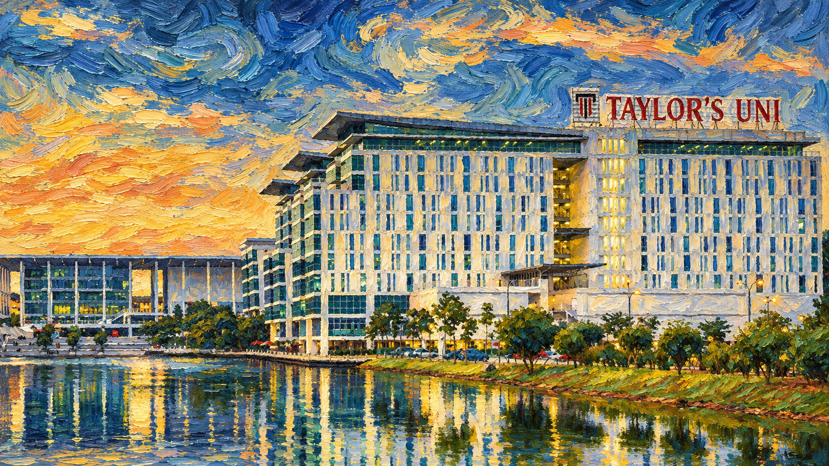 Van Gogh impasto oil painting of Taylor's Lakeside Campus reflecting upon the water during a golden sunset with swirling painted clouds