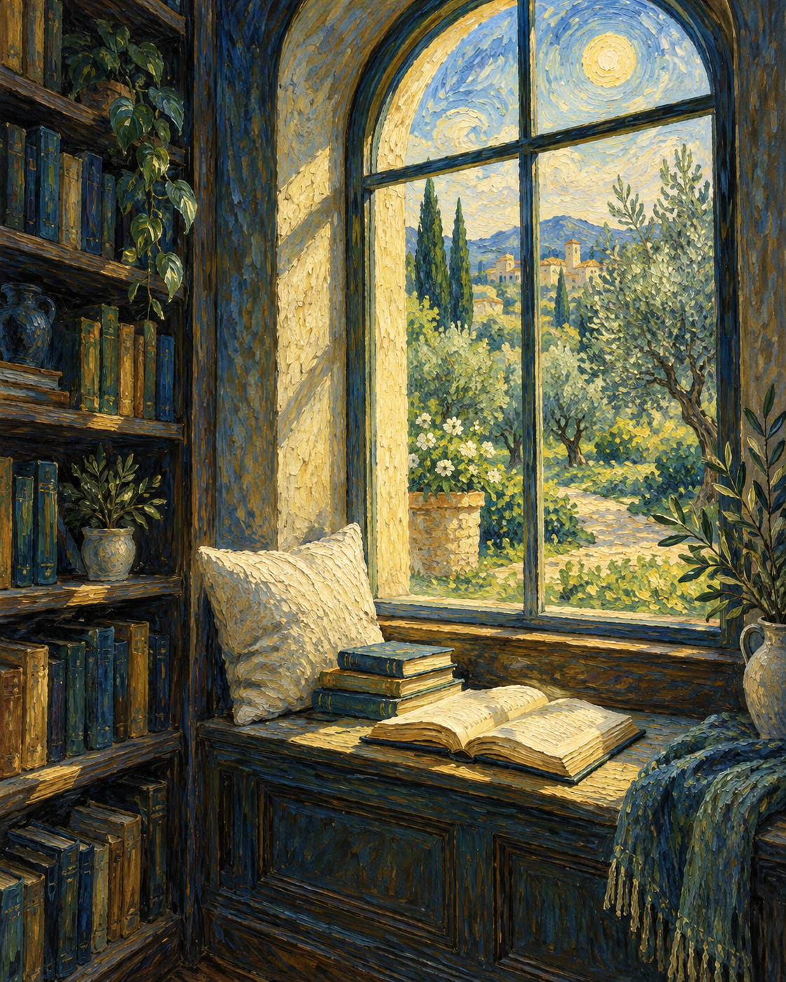 A sunlit scholarly reading room with books and open garden windows