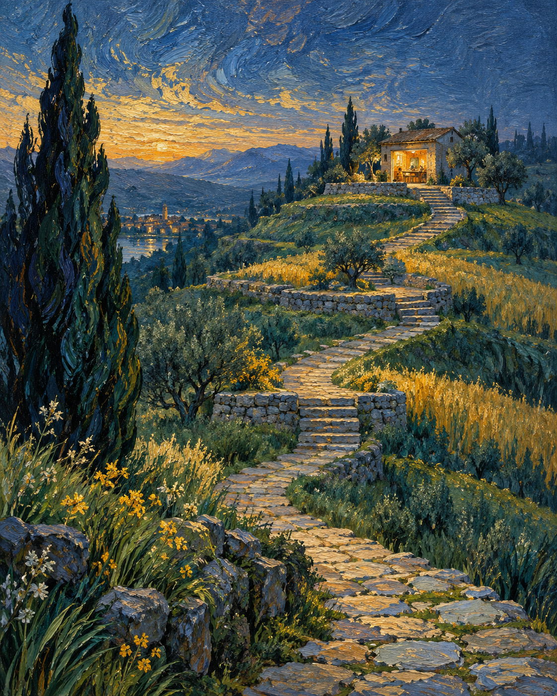 A painted path winding through a sunlit landscape