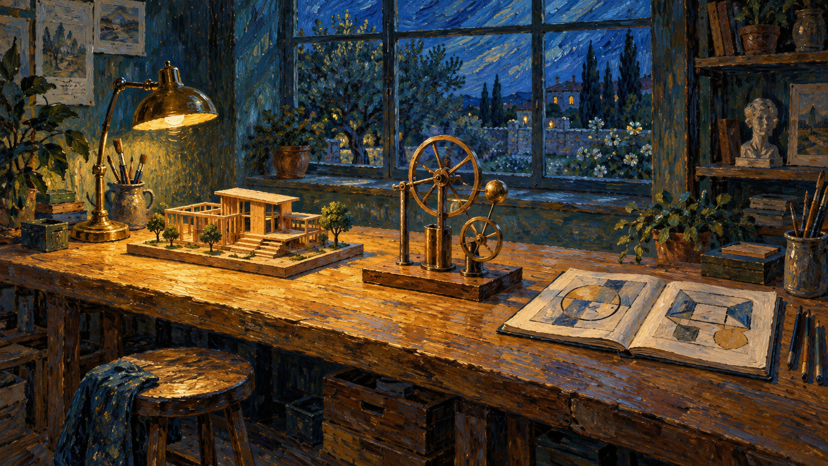 A warm painted workshop with models, instruments, and open notebooks